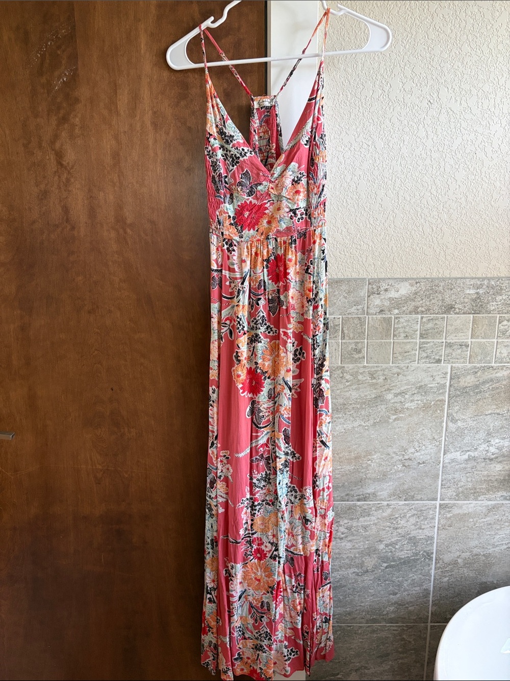 Free People Coral Floral Maxi Dress with Spaghetti Straps